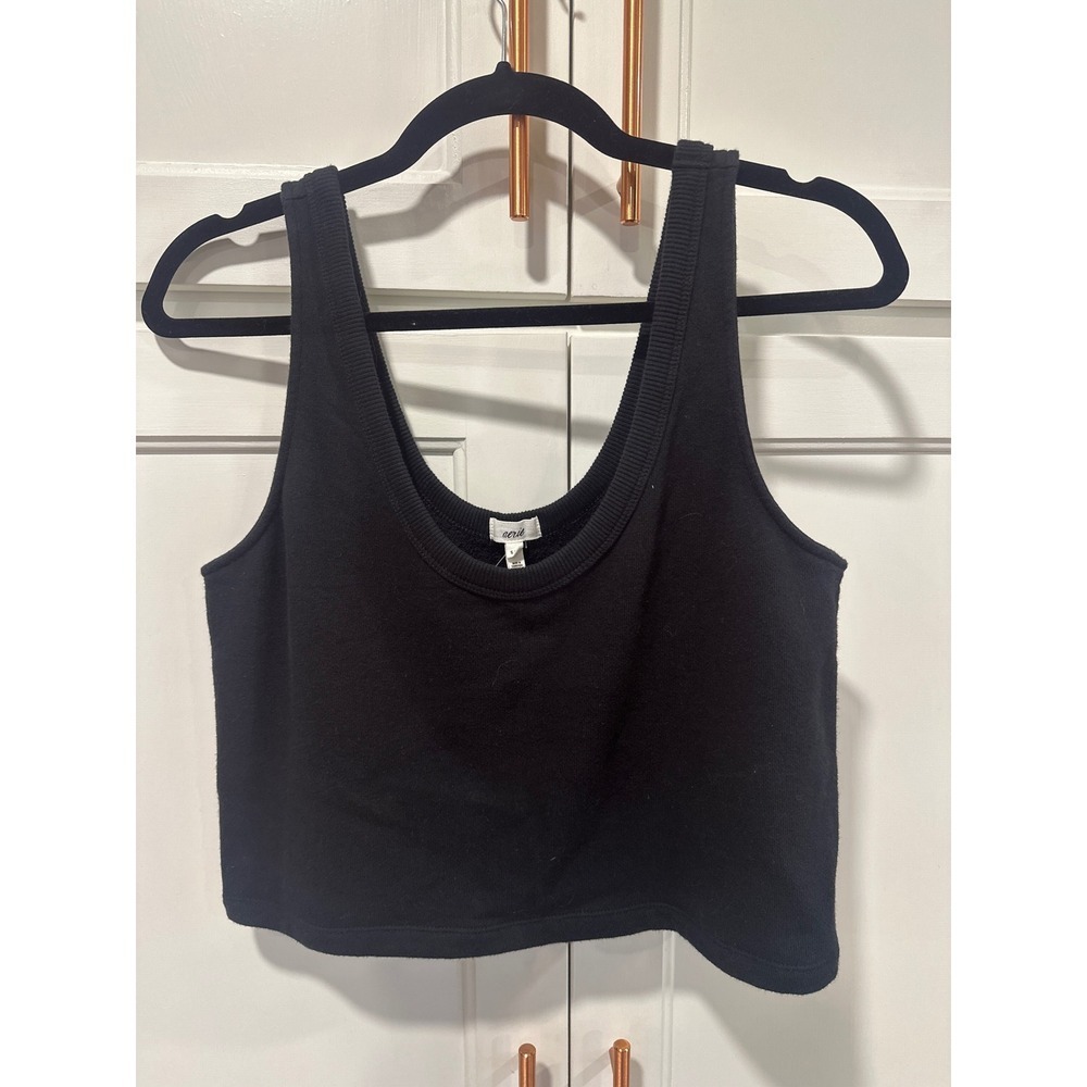 Aerie Black Ribbed Knit Cropped Tank Top S Lace Detail Sleeveless Scoop Neck NWT
